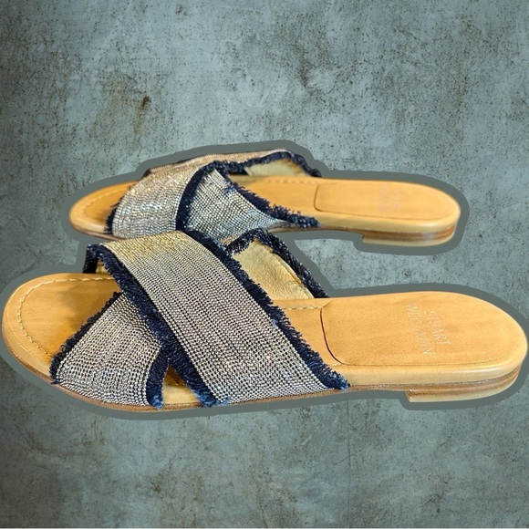 NWOT Stuart Weitzman ‘Edgeway’ Fringe-Trimmed Sandals in Navy Blue & Silver Sz 5 - Picture 8 of 16